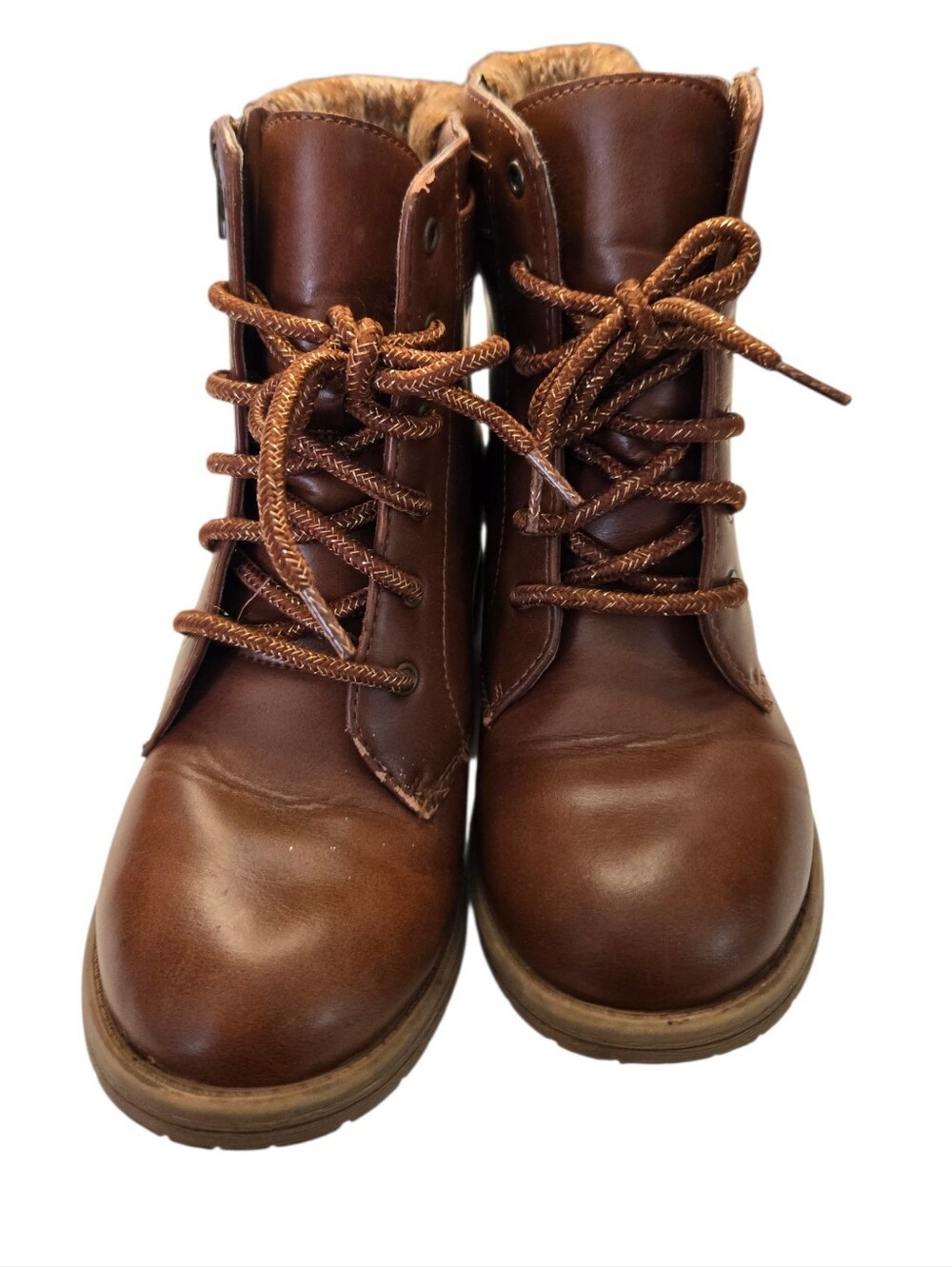 🍂 Wonder Nation Brown Faux Leather Combat Boots | Girls Size 2 | Cozy Fur Trim